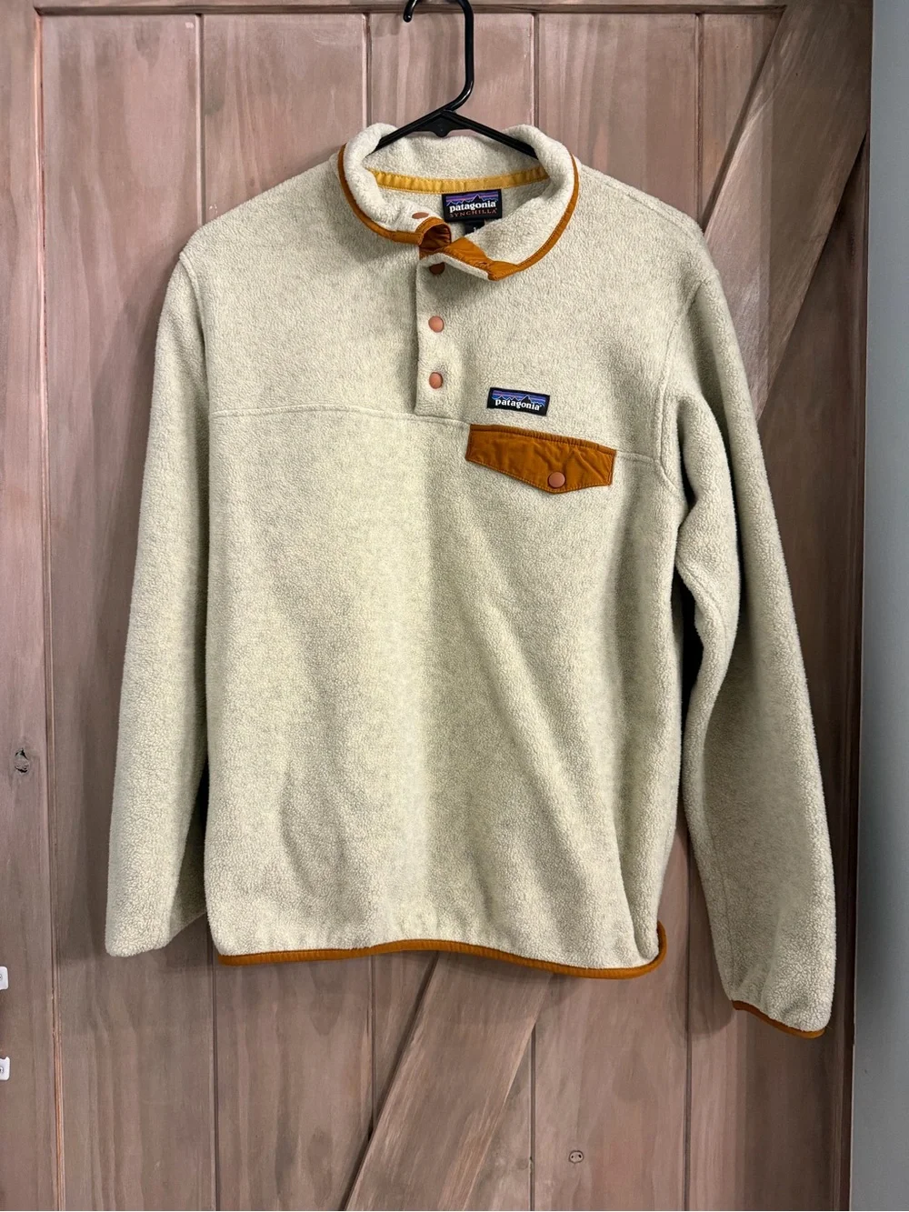 Patagonia Cream Fleece Pullover with Mustard Trim - Picture 2 of 7